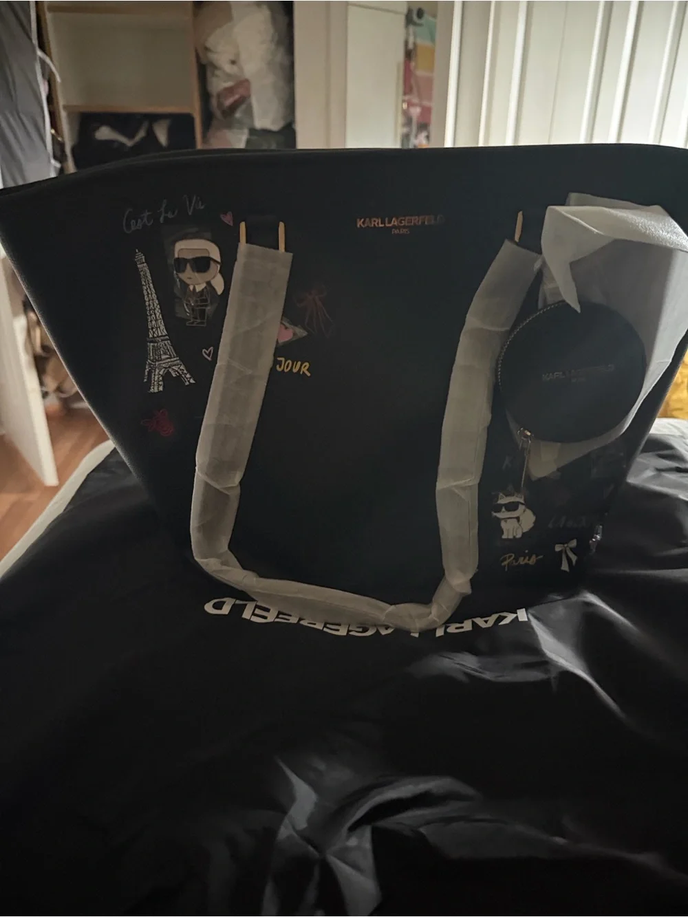 Karl Lagerfeld Black Leather Tote with Logo Tag
